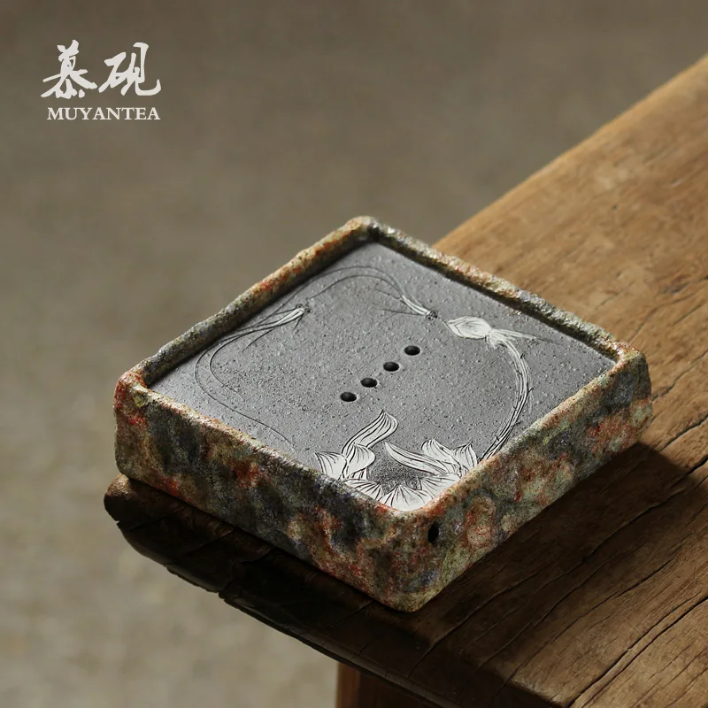 MuYan rock ore storage pot bearing japanese-style square dry Taiwan zen kung fu tea tea dry tea tray on hand