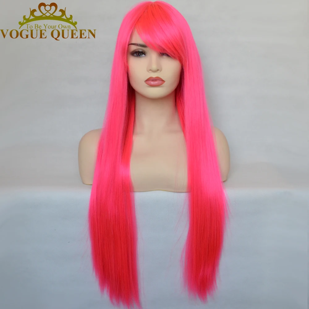 Vogue Queen Pink Long Synthetic Silky Straight Wig Heat Resistant Fiber Full Machine Made Wig Cosplay For Women