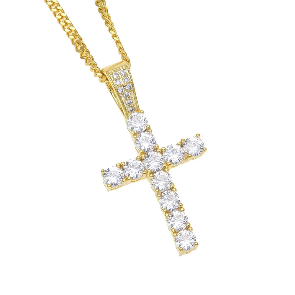 1 Row AAA CZ Stone Cubic Zirconia Cross Pendants Necklaces Gold Silver Color Men Hip Hop Bling Ice Out Rapper Jewelry