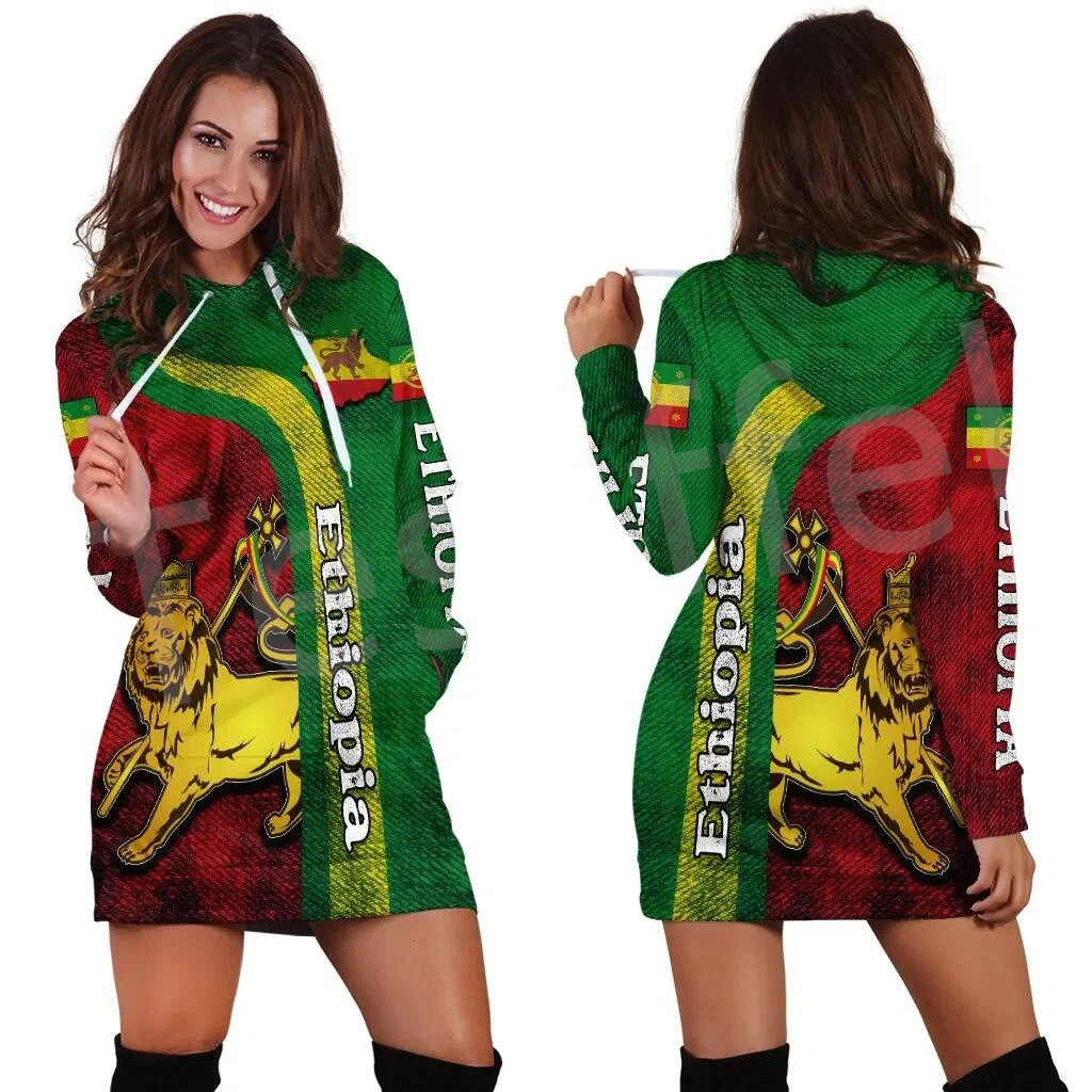 Tessffel Ethiopia County Flag Reggae Africa Native Tribe Lion Retro 3DPrint Harajuku Sexy Women Hoodie Dress Funny Casual F4