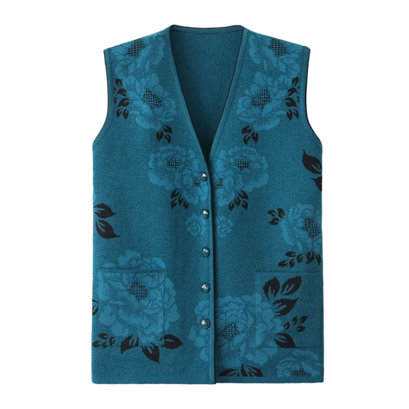 UHYTGF Women vest Fashion flower beaded knitted spring autumn vest waistcoat casual warm women\'s sleeveless jacket Big size 737