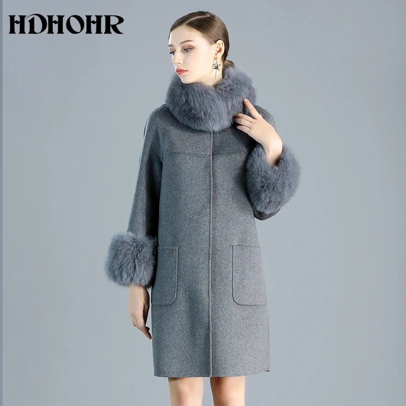 

HDHOHR 2024 New Cashmere Coat Women Collar With Natural Real Fox Fur Jacket Slim Fashion Winter Genuine Fox Fur Coats Female