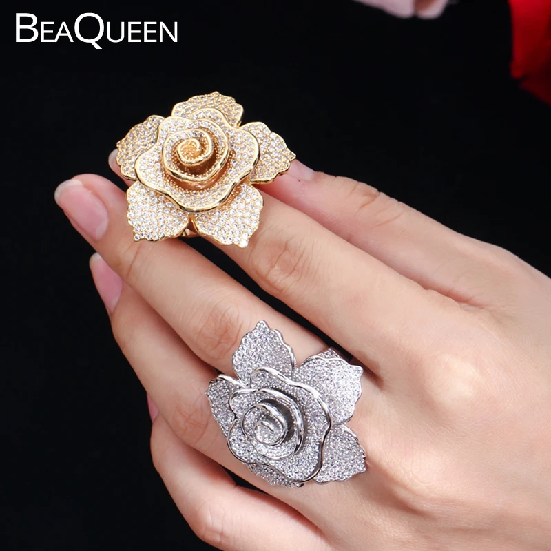 

BeaQueen Luxury Dubai Yellow Gold Color Finger Jewelry Cubic Zirconia Pave Setting Big Flower Wedding Rings for Women R056