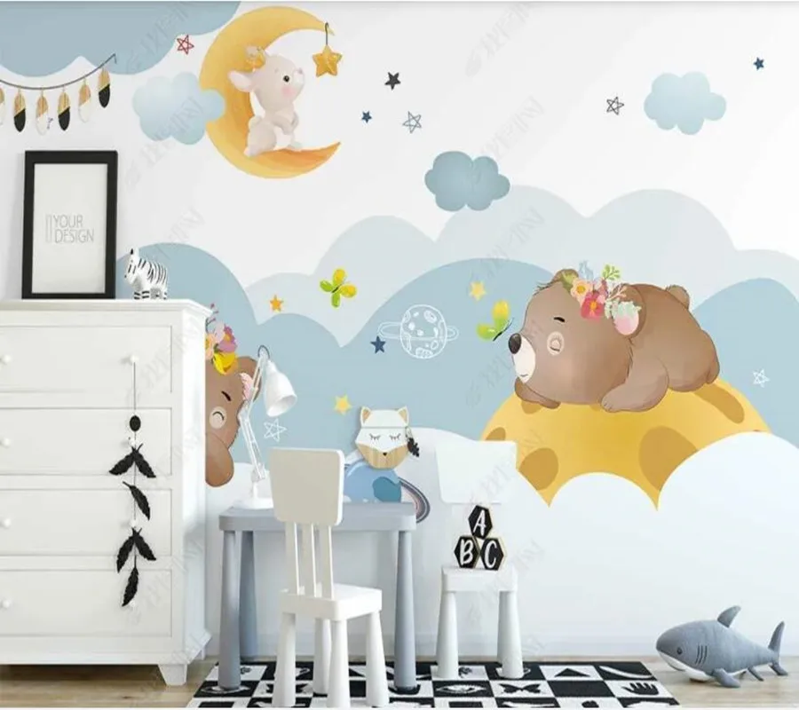 

Papel de parede Nordic ins hand-painted cartoon bear starry sky clouds children's room 3D wallpaper mural,living room home decor