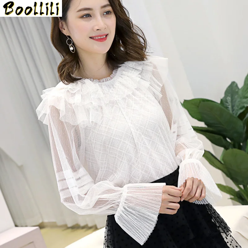 Boollili Womens Tops and Blouses Spring Summer Blouse Women Clothes 2020 Vintage Korean Mesh White Shirt Outwear Camisas Mujer