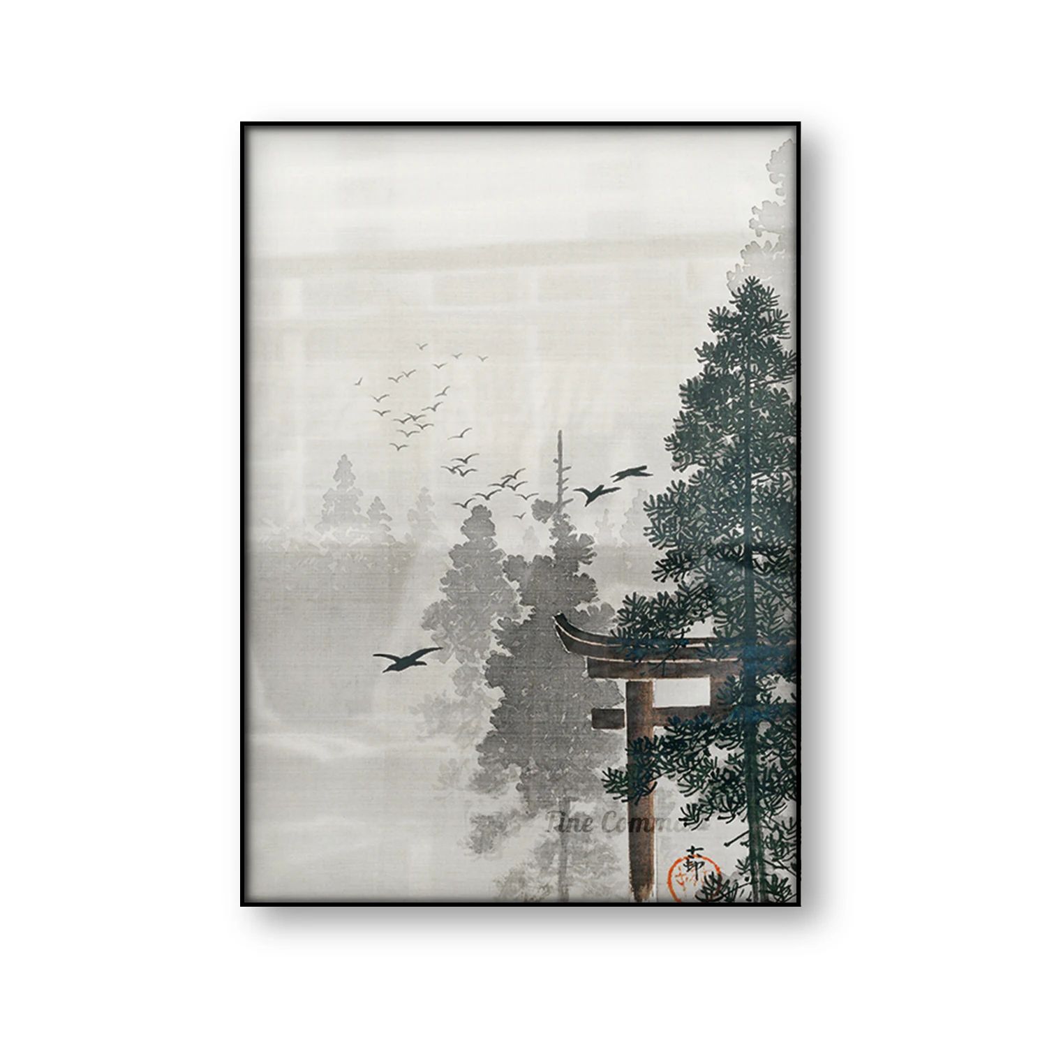 Vintage Japanese Art Poster Flock of Birds and Torii Gate in Pine Tree Forest Ohara Koson Woodblock Canvas Print Temple Wall Art