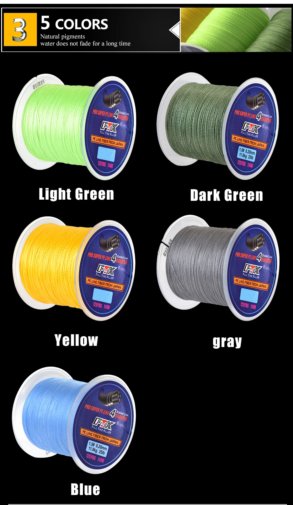 FTK 114M Geflochtener Draht PE Geflochten 0,4 # -6.0 # Code 4 Stränge 8-60LB PE Geflochtene 0,1-0,4mm Multifilament-Angelschnur für Salzwasser – Detail 5