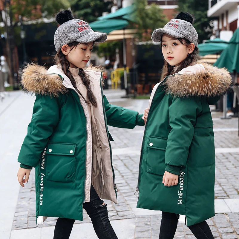 4-13 Year Teen Girls Winter Jacket Fashion Fur Collar Hooded Long Coat For Girls Parka Overcoat Thicken Warm Children\'s Clothing