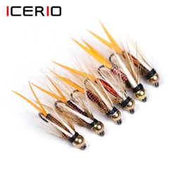 ICERIO 6PCS Brass Bead Head Hot wire Prince Nymphs Stoneflies Trout Fishing Fly Lure Baits Barbed Fly Hook
