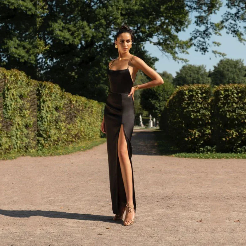 Nieuwe Slit Satin Prom Dress 2023 Sexy Long Black Mermaid V-hals Avond Partij Jassen Open Back Robe De Soiree