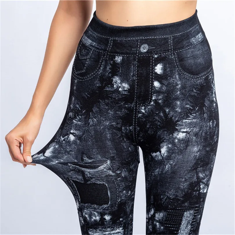 VISNXGI Slim Women Leggings Faux Denim Jeans High Waist Elastic Pants Fitness Sports Workout Running Push Up Leaf Print Trousers