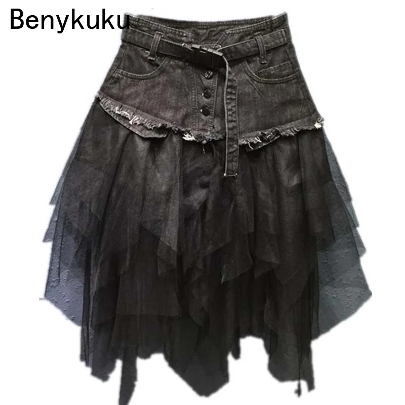 Punk kobiety dżinsy siatkowy Patchwork koronkowa spódniczka wysokiej talii linia asymetryczna falbana tiul plisowana Midi Y2K gotyckie eleganckie