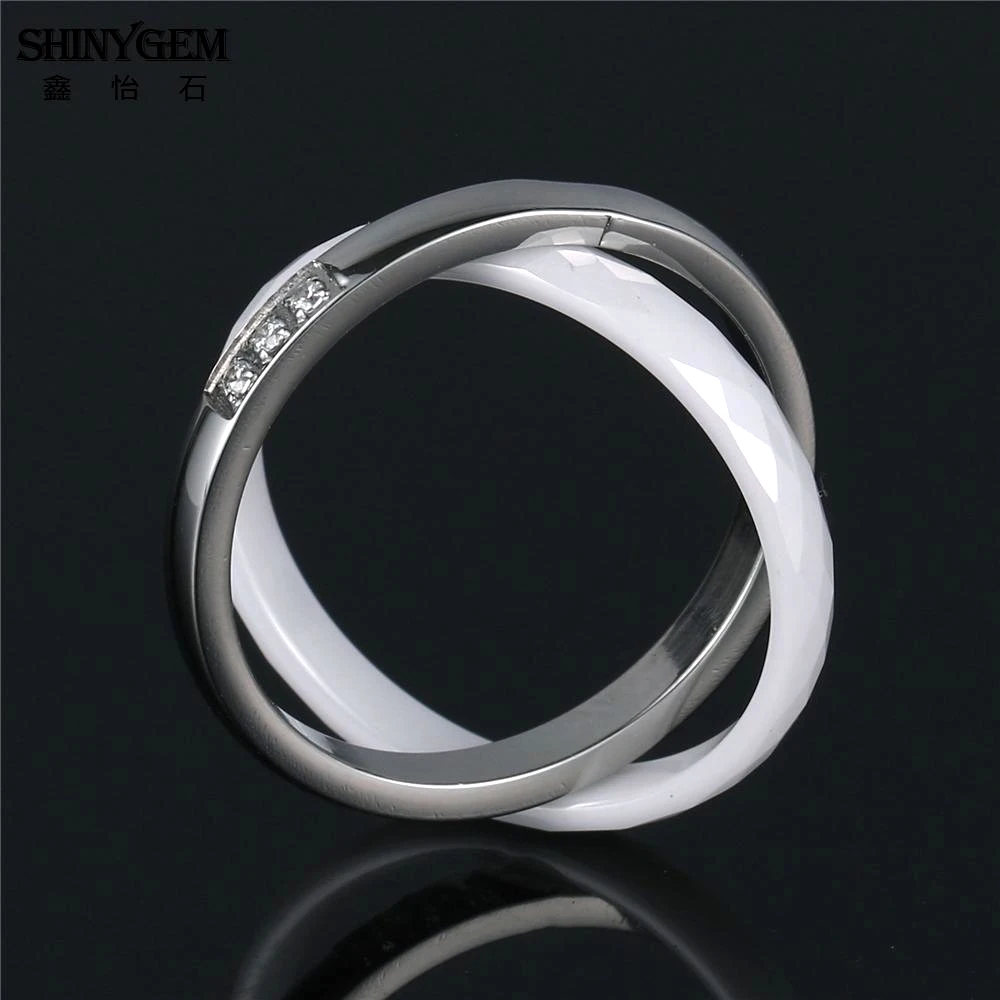 ShinyGem Fashion Stainless Steel Double Cross Ceramic Ring Black/White Micro Inlay Zircon Unique Pottery Rings For Women Wedding