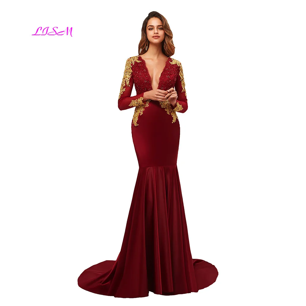 Elegante vestido de noche de sirena, Sexy, con cuello en V profundo, manga larga, satén, para baile de graduación, apliques dorados, vestidos de fiesta formales con cuentas