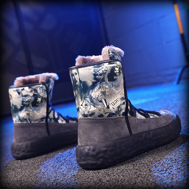 Botas de nieve cálidas para hombre, zapatos de algodón con suela gruesa, grafiti pintado a mano, personalidad europea y americana