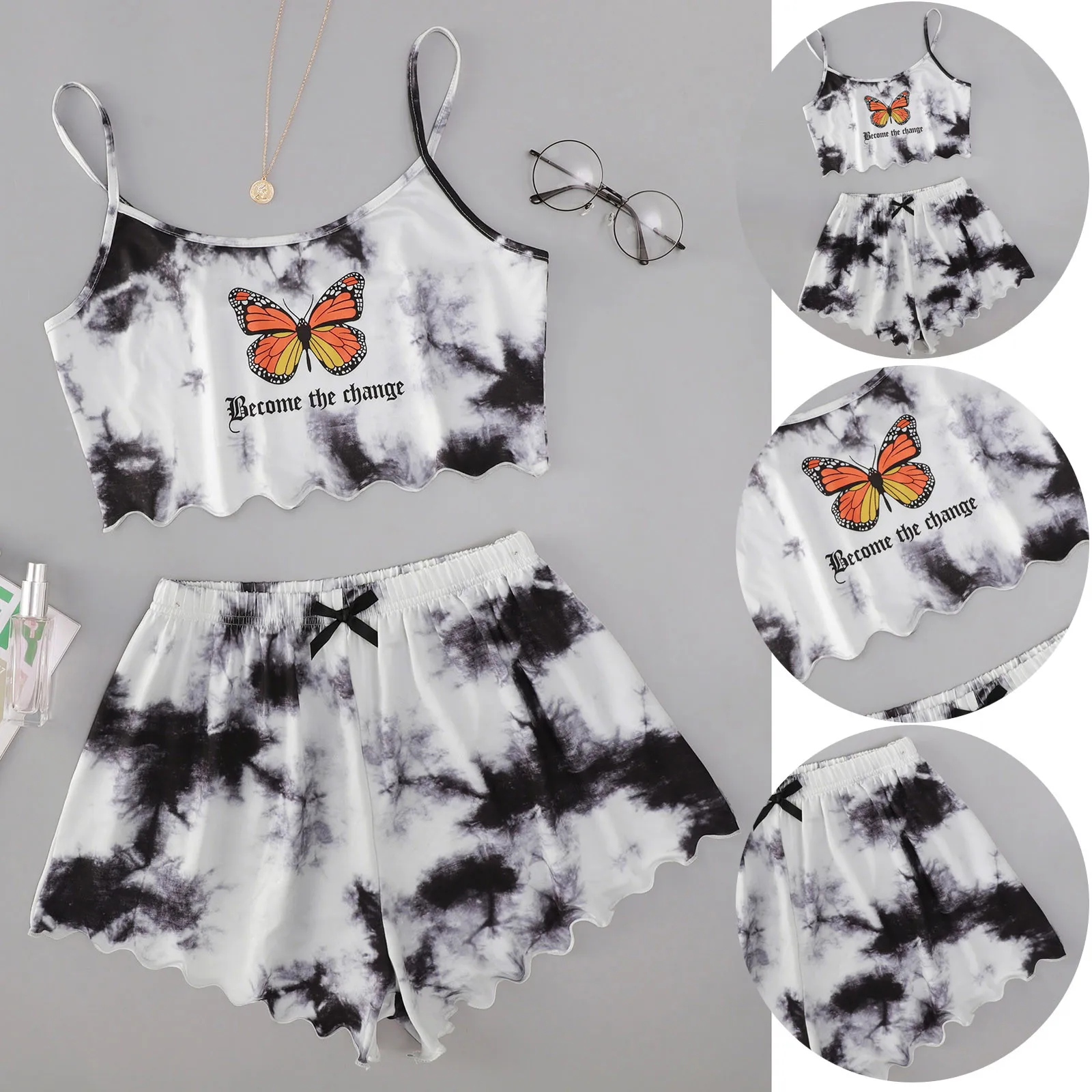 Butterfly Print Pajama Set Summer Sexy Sleepwear Pyjamas Women Plus Size 2 Piece Home Suit Loungewear Lingerie Pijamas Nightie