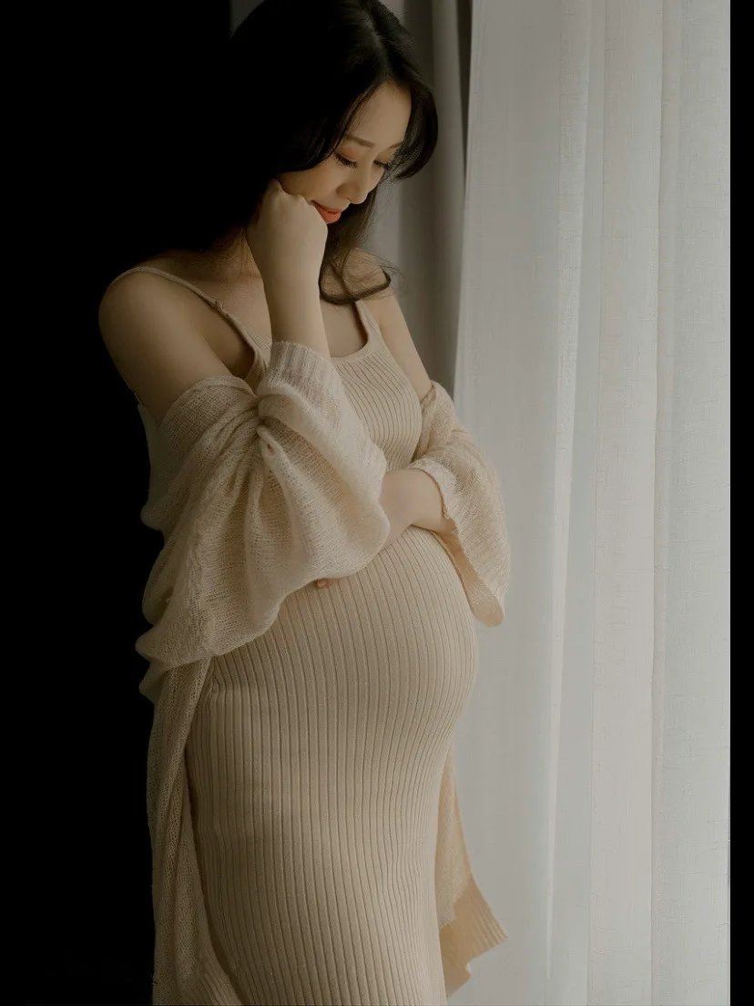 knitted Maternity Dress Elasticity Autumn Pregnant Clothes Long Sleeve Maternity Gown Photography Photo Shoot Pregnancy Dress