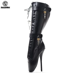 JIALUOWEI Fetish Ballet Pointe Pain Knee Boots Concealed Lace Lockable Strap