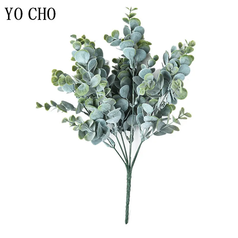 YO CHO 7 Forks 35 heads Gray Green Large Eucalyptus Leaf Plants Wall Material Decorative Artificial Leaves Fake Plant Fake Leaf