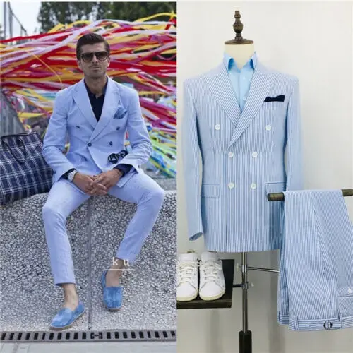 Men's Summer Seersucker Suits Leisure Beach Groom Wedding Double-breasted Suits Business Suit Party Suit Groom Wear 2Pieces