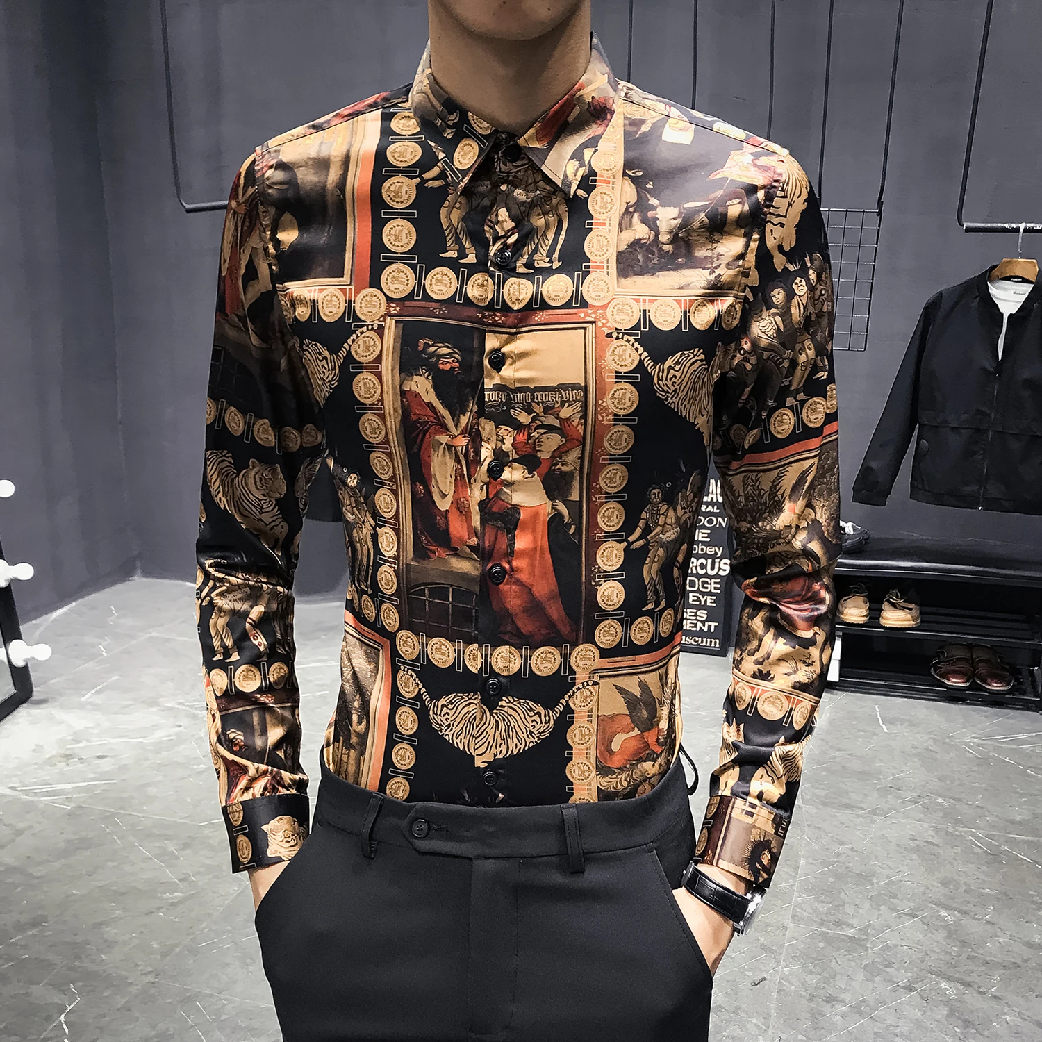 shirt black gold men luxury men shirt casual slim fit print shirt party club dress shirt men