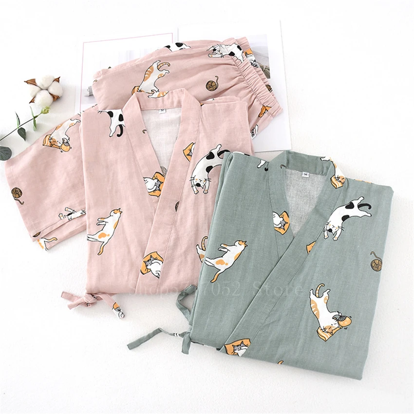 2PCS Japanese Lover Clothing Set Kawaii Cat Printed Kimono Yukata Steaming Wear Pajamas Man Woman Bathrobe Nightgown Japan