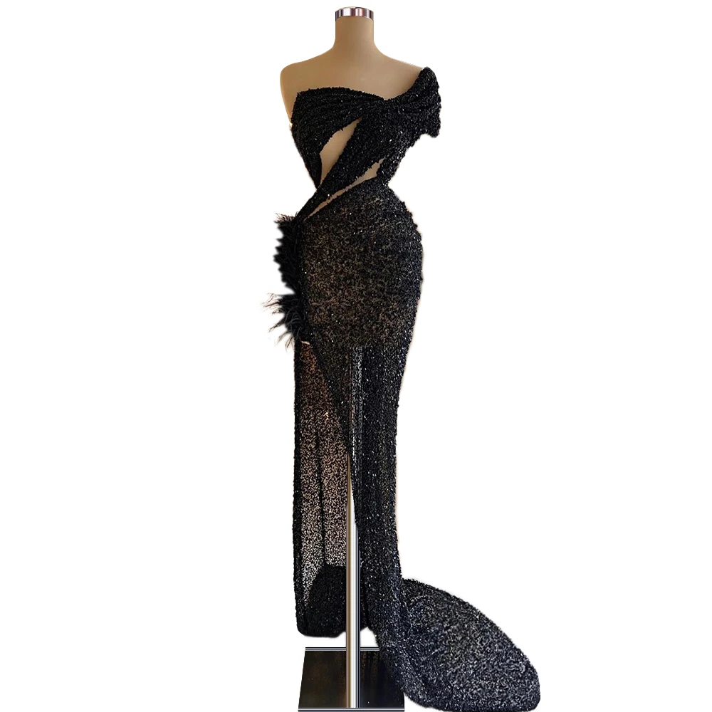 Black High Split Celebrity Dress Formal Gowns African Dubai Arabic Feather  Party Gala Ceremony Dresses Gowns CXF287