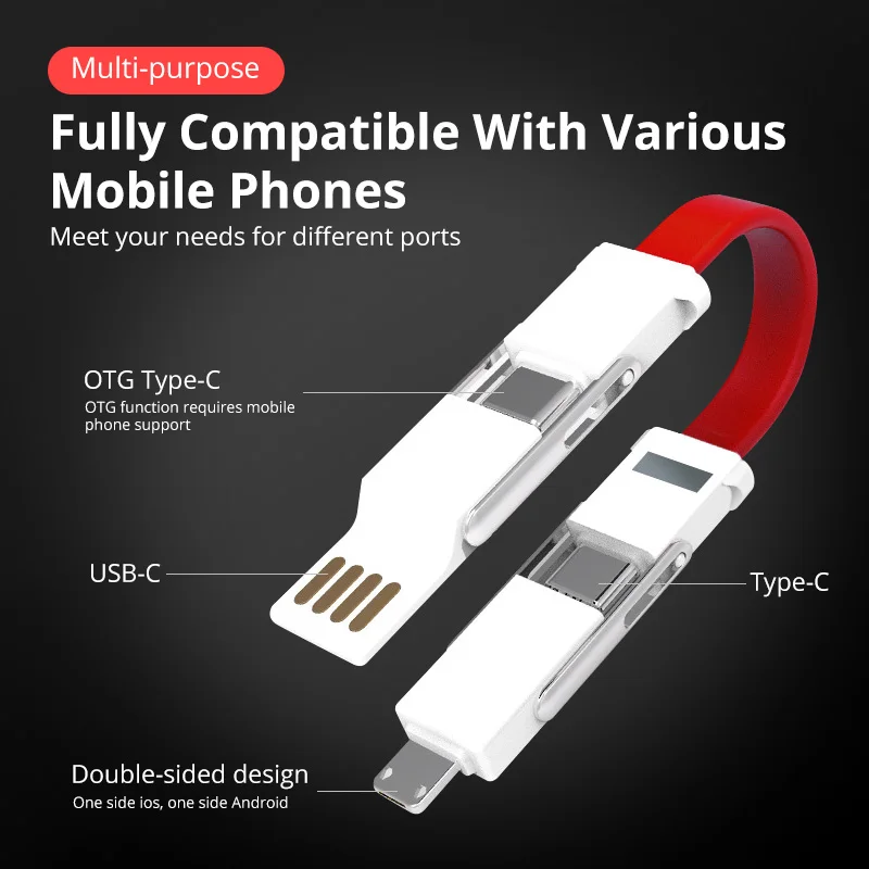 PD Universal Data Sync Cable 4 in 1 OTG Type-c Android Micro For iPhone 13 12 Huawei P50 Xiaomi Keychain Charging Magnetic Cord