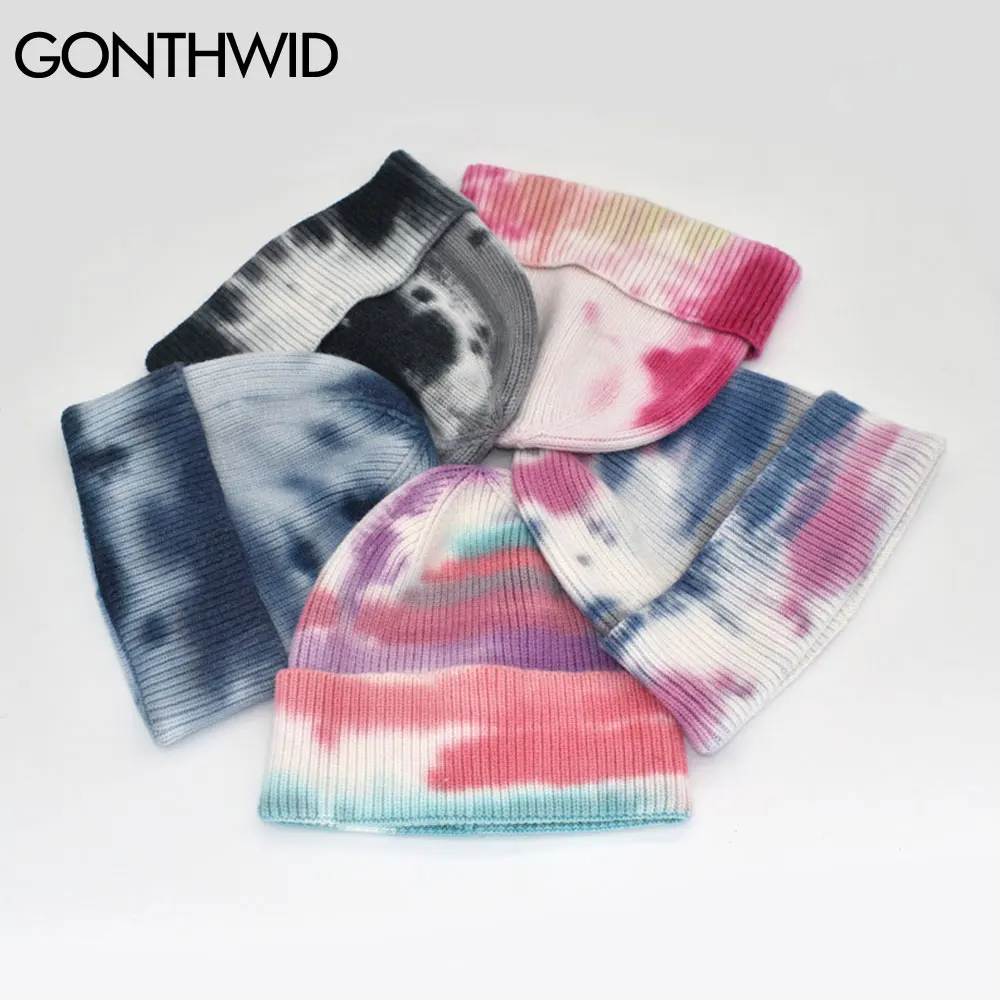 GONTHWID Unisex Knitted Tie Dye Beanies Men Women Brimless Skullcap Streetwear Winter Hip Hop Casual Headwear Bonnets Hats Caps