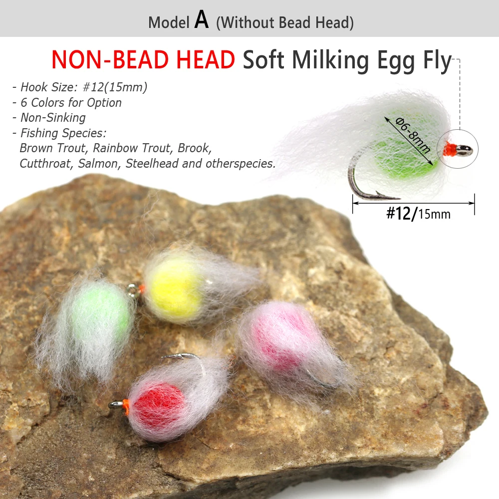 Bimoo 6PCS #12 Synthetic Milking Egg Fly Glo Bug Soft Fish Roe Wet Flies Trout Salmon Steelhead Fishing Eggs Lure Bait