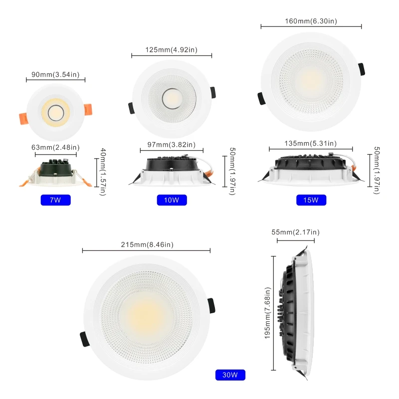 4 pz/lotto LED Down light 7W 10W 15W 30W COB lampada 220V faretto incasso rotondo pannello luce illuminazione interna Down Light con Driver