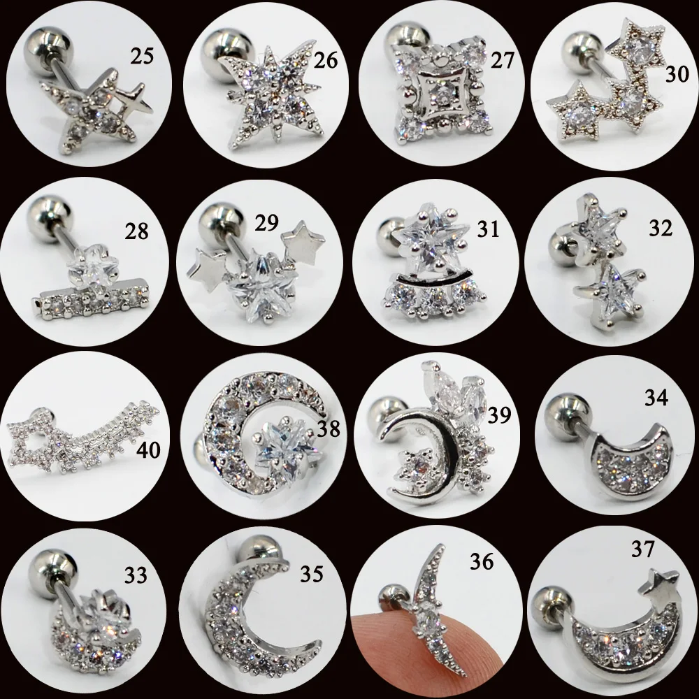 1PC Ear Studs 60Styles Chosse CZ Zircon Moon Star Earring Tragus Helix Cartilage Gold & Silver Color Body Piercing Jewelry 20G