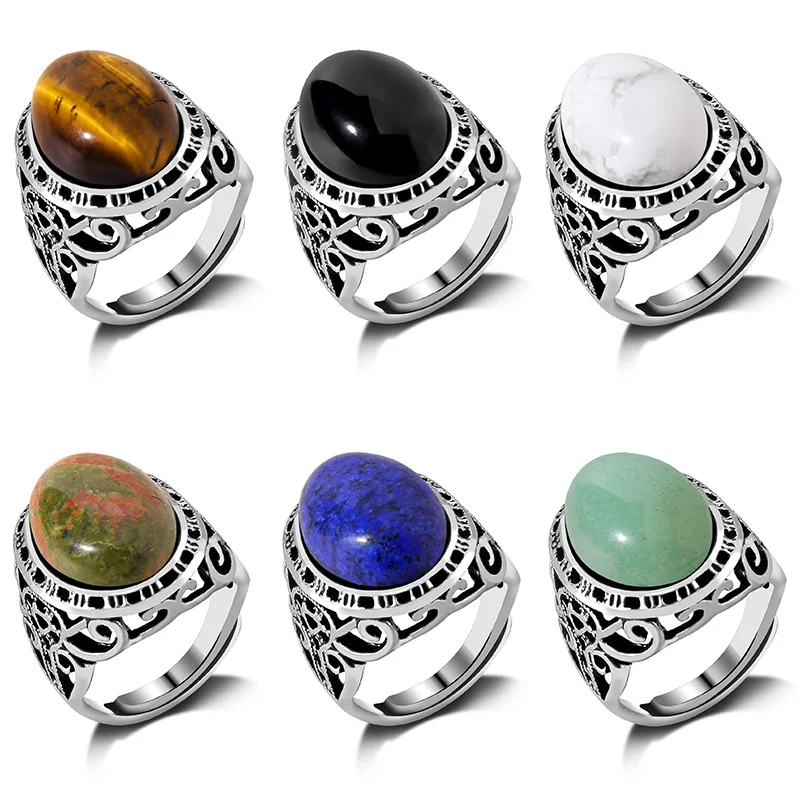 Vintage Slivery Color Ring Natural Stone Round Rings For Women Men Resizable Finger Ring Retro Crystal Stone Carve Rings Jewelry