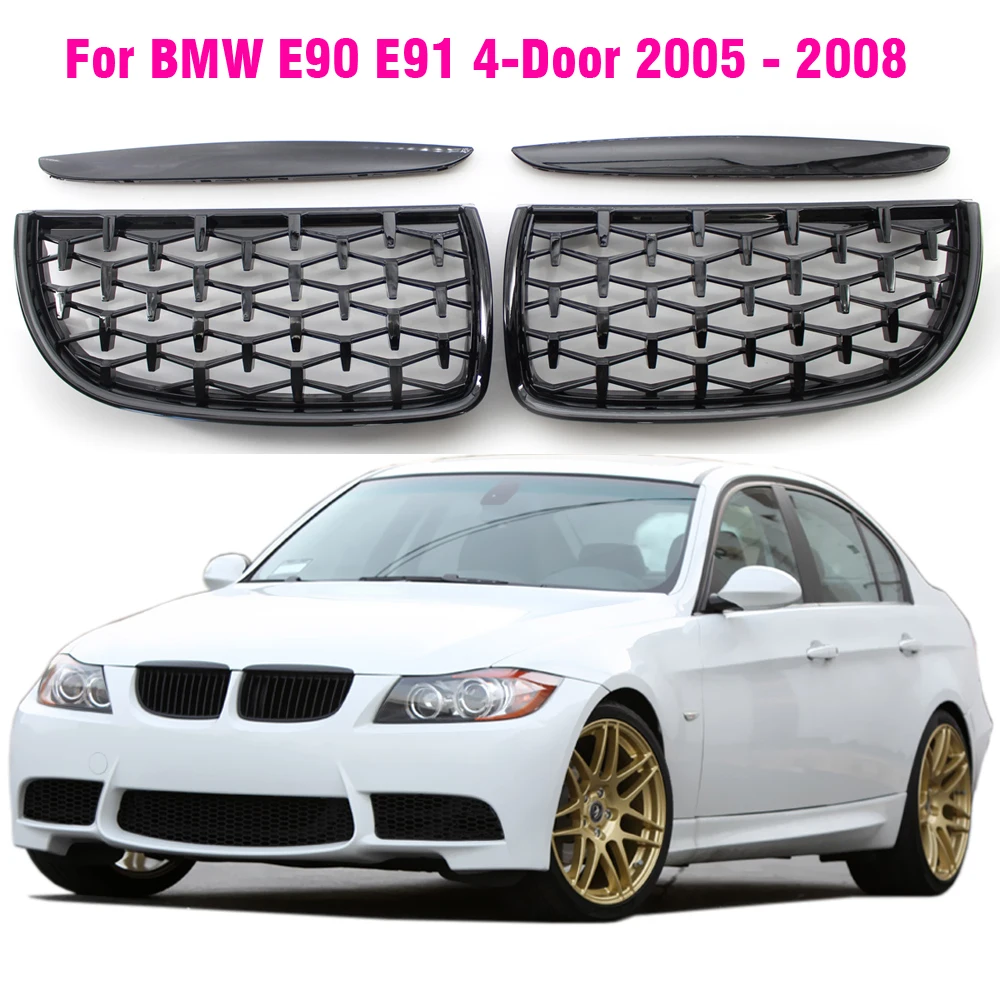 

ABS Car Front Hood Grille Diamond Style Meteor For BMW 3 Series E90 E91 2005-2008 Black Chrome Gloss Black Racing Grills