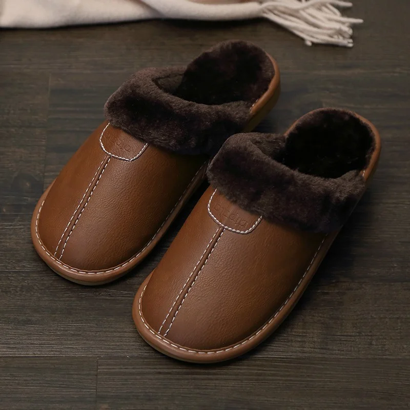 Men Winter Leather Slippers Bedroom Cotton Slippers Waterproof Thick Plus Velvet Indoor Warm House Home Slippers Shoes Fashion