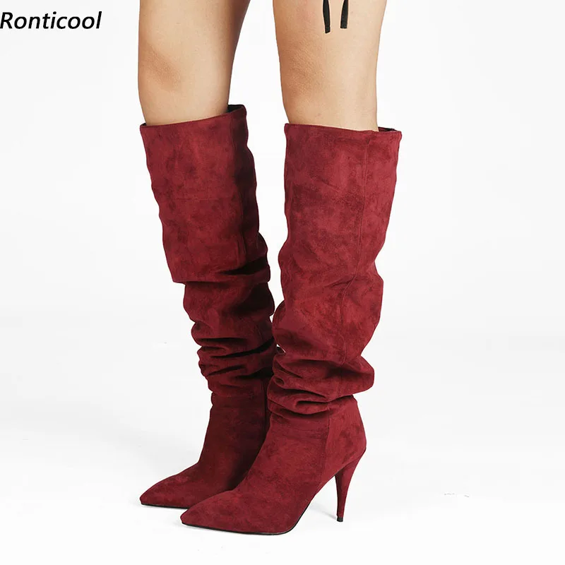 

Ronticool New Arrival Women Suede Knee Boots Spike Heels Pointed Toe Pretty Brown Wine Red Dark Blue Party Shoes US Size 5-15