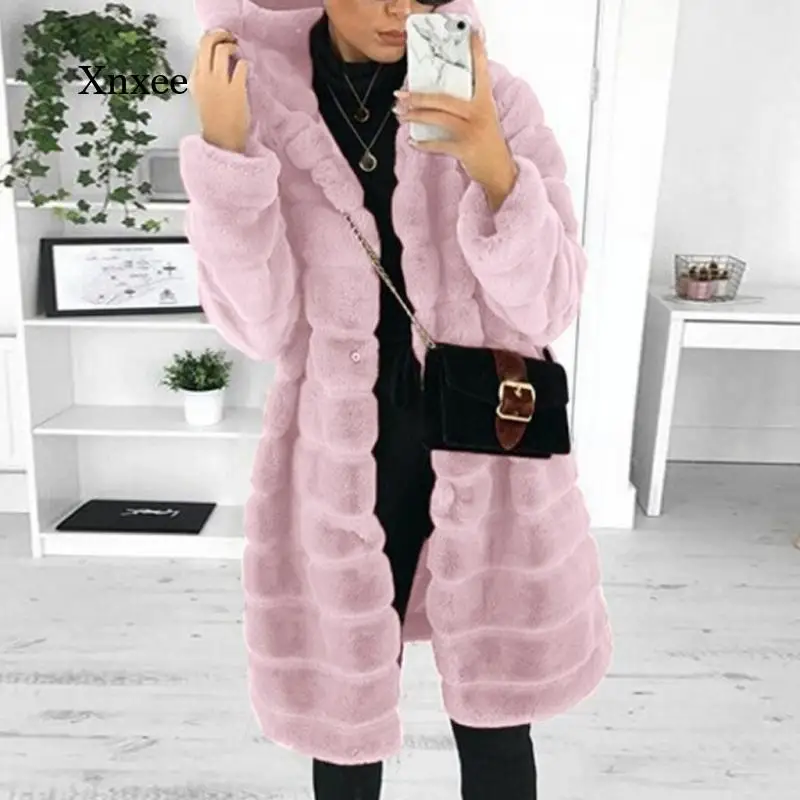 Bontjassen Winter Dikke Warme Faux Fur Jas Vrouwen Hooded Lange Mouwen Faux Fur Jacket Luxe Fall Kleding Overjas