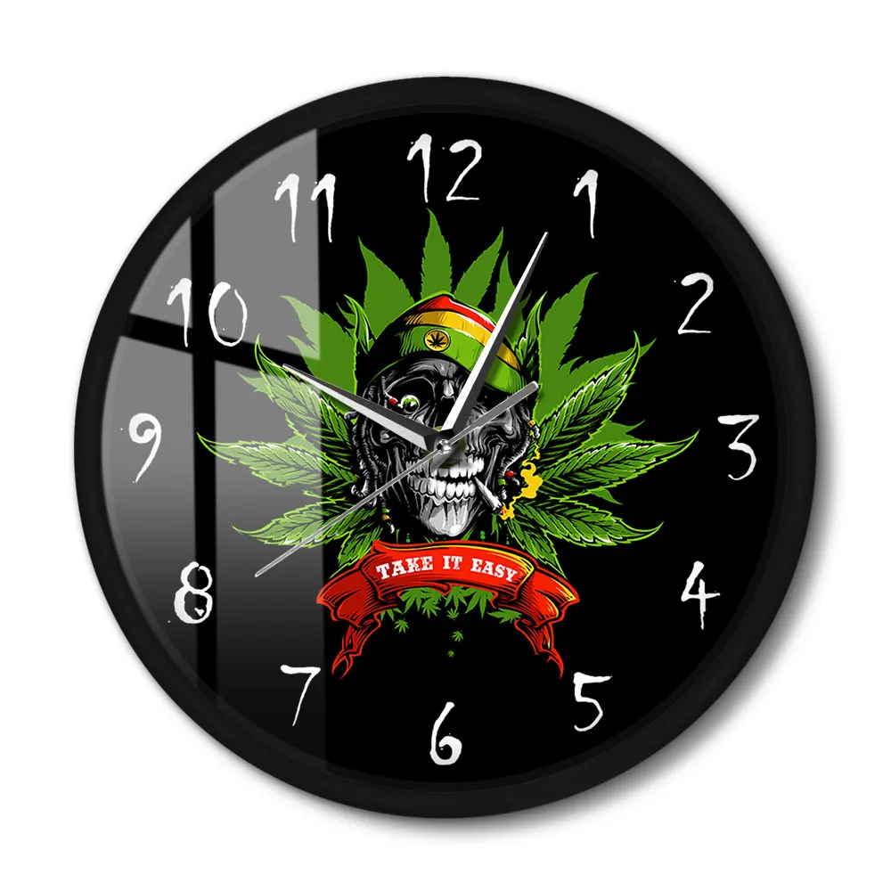 TAKE IT EASY Indian Hemp Skull in Rastaman Hat Metal Frame Voice Control Wall Clock Halloween Horror Night Light