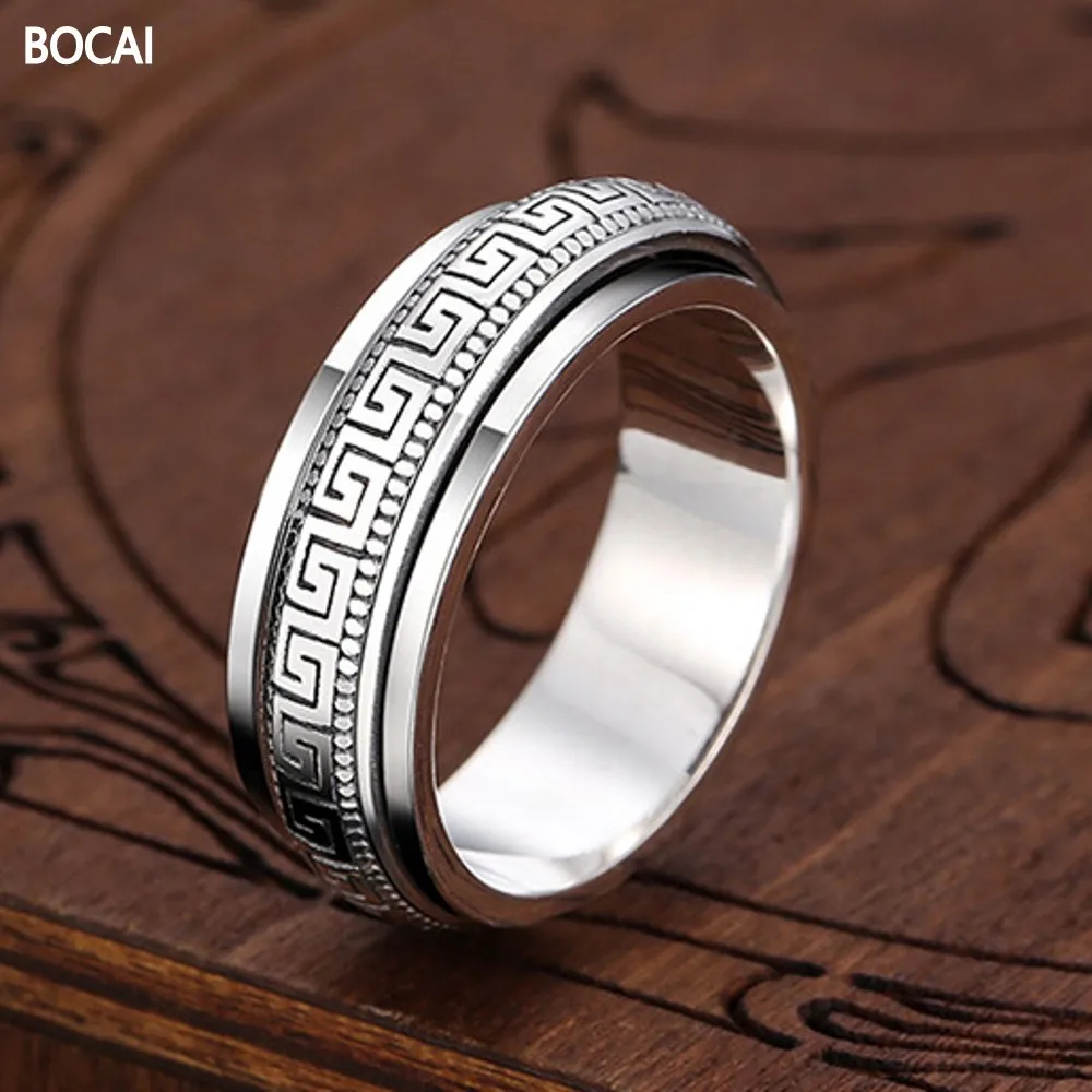 BOCAI New Real 100% S925 Sterling Silver Jewelry Personalized Manring Retro Great Wall Pattern Good Luck Turning  Man Ring