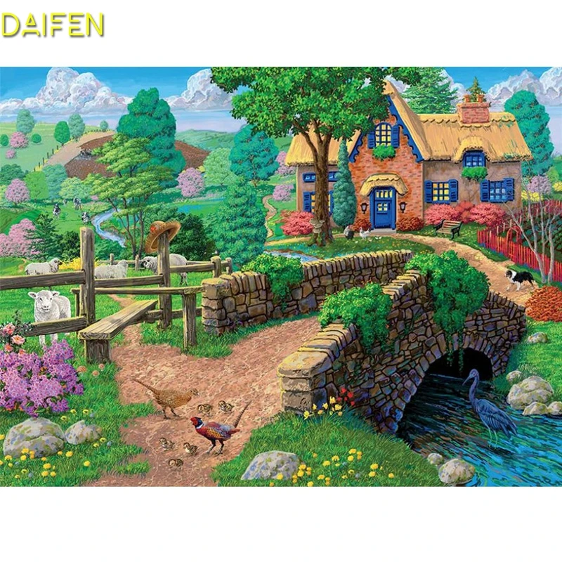 Full Square Diamond mosaic Ranch scenery 5DDIY Diamond embroidery bridge Full Round Diamond painting Cross stitch Swan dog sheep