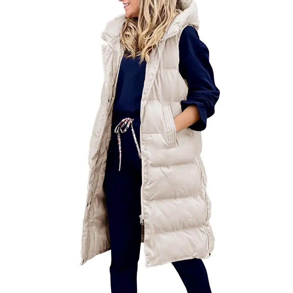 Elegante Vrouwen Down Jas Lange Losse Knoppen Mouwloze Hooded Vest Winter Down Jas Vest Gewatteerde Vest Overjas