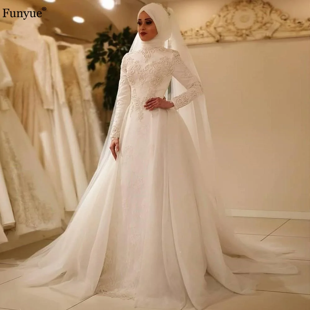 Vestidos De novia Hijab musulmán árabe marfil, cuello alto, manga larga, encaje, línea A, vestidos De novia con velos