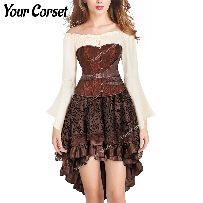 Women Pirate Costumes for Women Steampunk Corset Dresses for Women Pirate Cosplay Costume Renaissance Corset Dress Brown