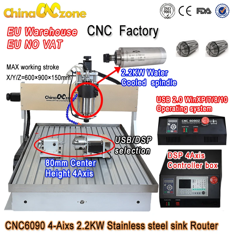 EU STOCK CNC Router 6090 4Axis 2.2KW Metal 3D stl carving woodworking Machine Mach3 USB Metal Water Milling Engraving Machine