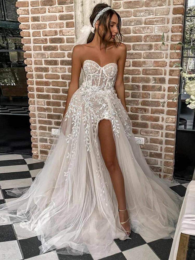 LORIE Sexy Beach Wedding Dresses For Bride Elegant Lace Applique Wedding Gown Strapless Sleeveless High Split Princess Dress2024