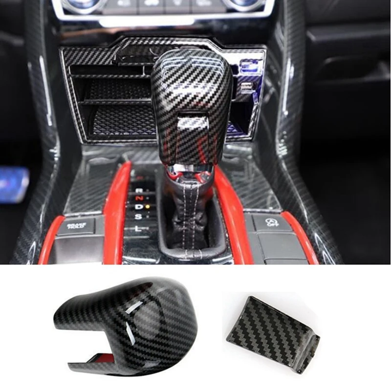 2Pcs Abs Carbon Fiber Interior Front Door Speaker Window a Pillar Cover & 1Pcs Gear Shift Head Cover Trim