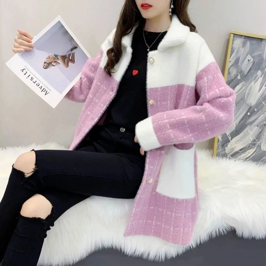 Autumn Winter Women Imitation Mink Velvet Jacket 2023New Fashion Color Matching Student Overcoat Korean Loose Ladies Woolen Coat