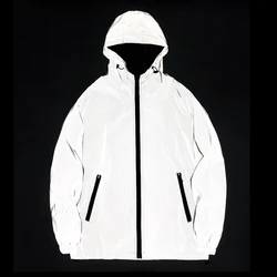 New Night Reflective Jackets Double Fabric Windbreaker Hooded Jacket Men Hip Hop Dancer singer Waterproof Zipper Coats Outwear