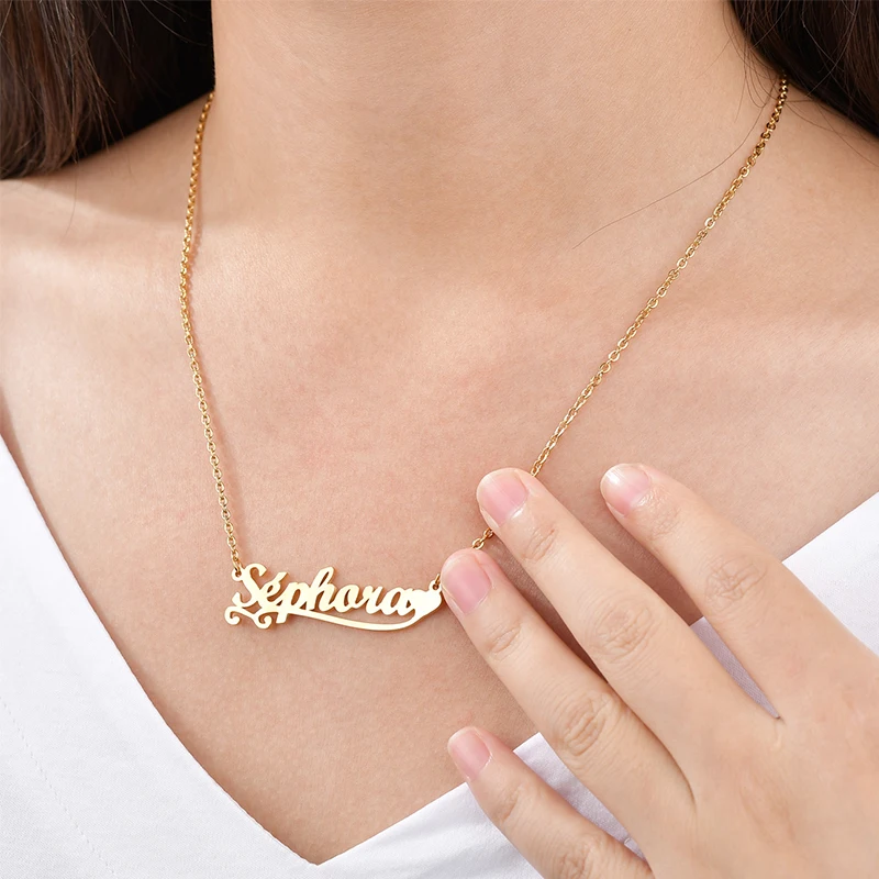 Goxijite Customized Various Love Base Name Necklaces Personalized Love Heart Nameplate For Women Stainless Steel Jewelry Gift