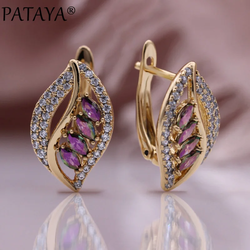 

PATAYA New Horse Eye Colorful Natural Zircon Drop Earrings 585 Rose Gold Color Women Fine Fashion Jewelry Luxury Hollow Earrings